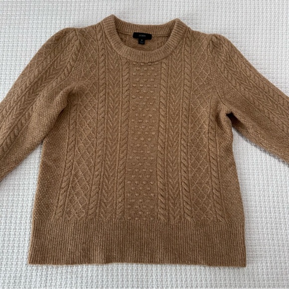 J. Crew Camel Tan Stretch Wool Cable Knit Crewneck Sweater Womens Medium - Picture 3 of 8
